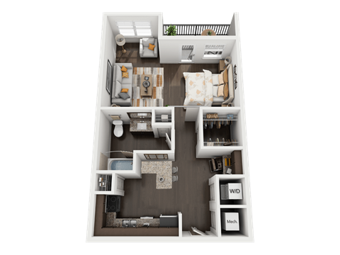 Floor plan for studio, 1 bath, 611 sqft